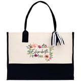 Floral Frame Custom Name Cotton Canvas Tote Bag Personalized Bridesmaid Gift Bag Wedding Birthday Gift Custom Name Tote Maid of Honor Gift - Aaria Tees Aaria Tees