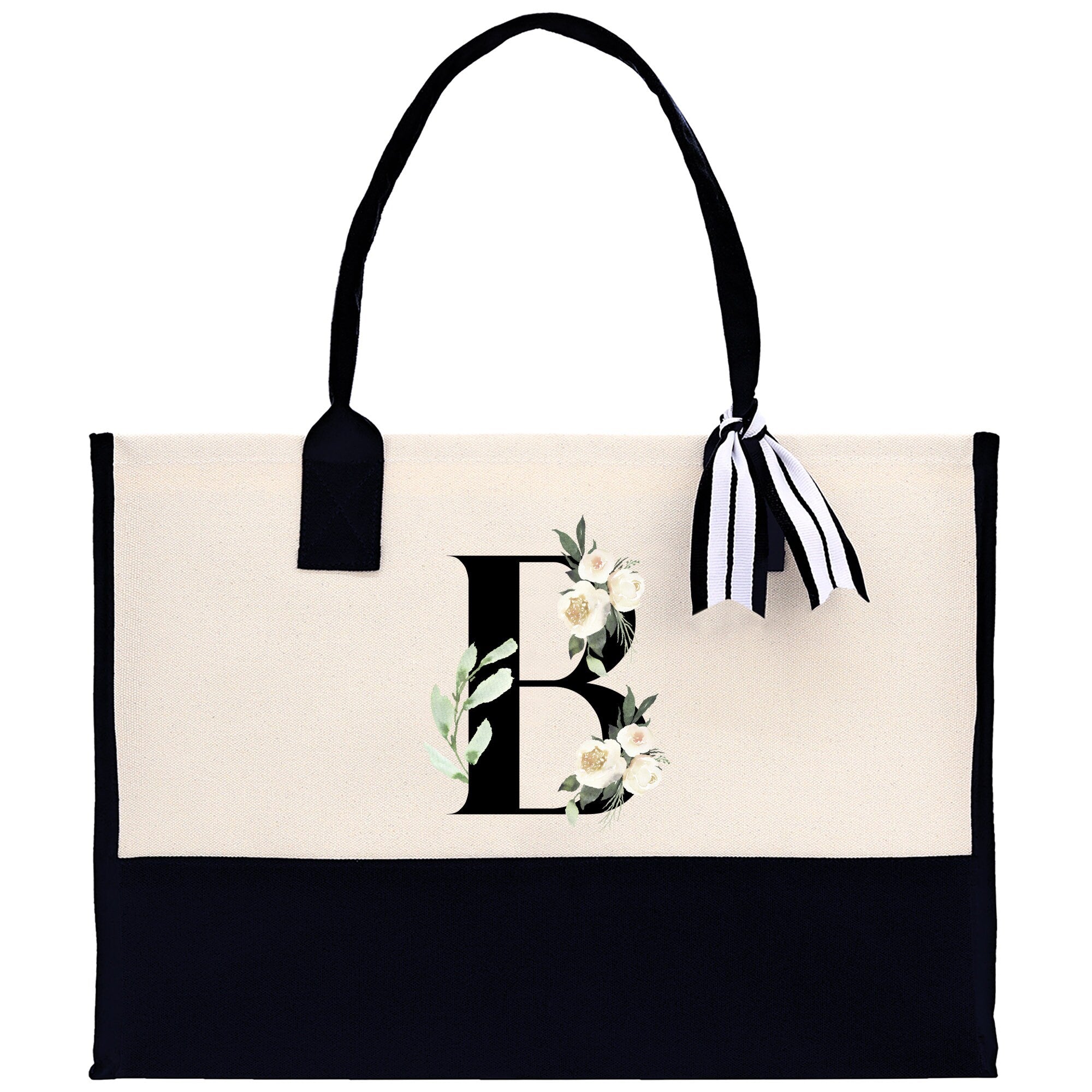 Floral Monogram Cotton Canvas Tote Bag Personalized Bridesmaid Gift Bag Wedding Birthday Gift Custom Name Tote Maid of Honor Wedding Gift - Aaria Tees Aaria Tees