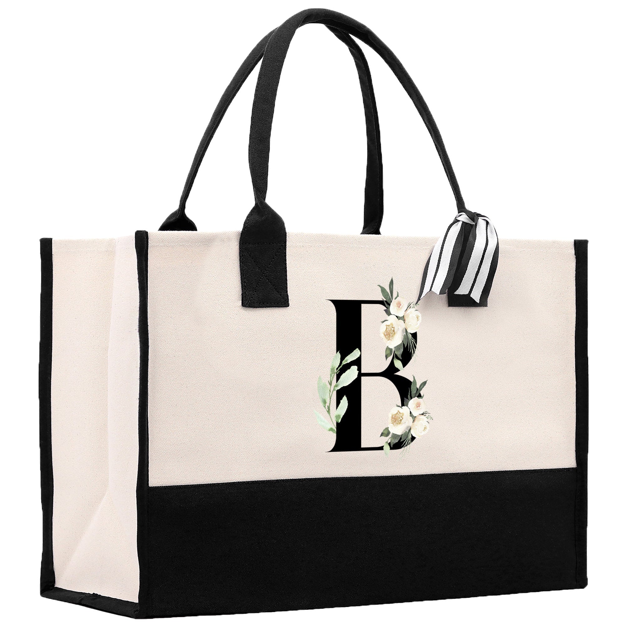 Floral Monogram Cotton Canvas Tote Bag Personalized Bridesmaid Gift Bag Wedding Birthday Gift Custom Name Tote Maid of Honor Wedding Gift - Aaria Tees Aaria Tees