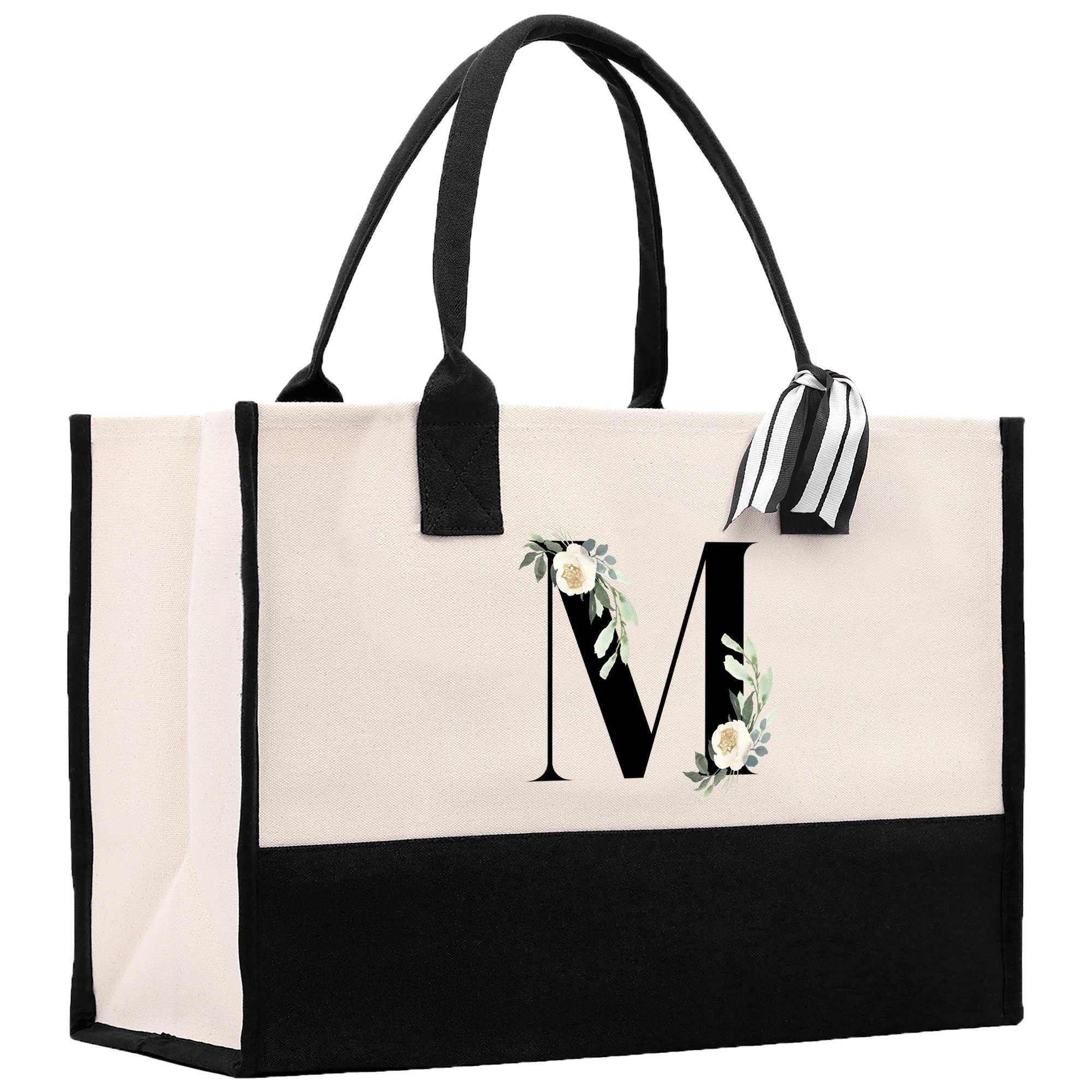 Floral Monogram Cotton Canvas Tote Bag Personalized Bridesmaid Gift Bag Wedding Birthday Gift Custom Name Tote Maid of Honor Wedding Gift - Aaria Tees Aaria Tees