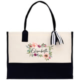 Floral Frame Custom Name Cotton Canvas Tote Bag Personalized Bridesmaid Gift Bag Wedding Birthday Gift Custom Name Tote Maid of Honor Gift - Aaria Tees Aaria Tees