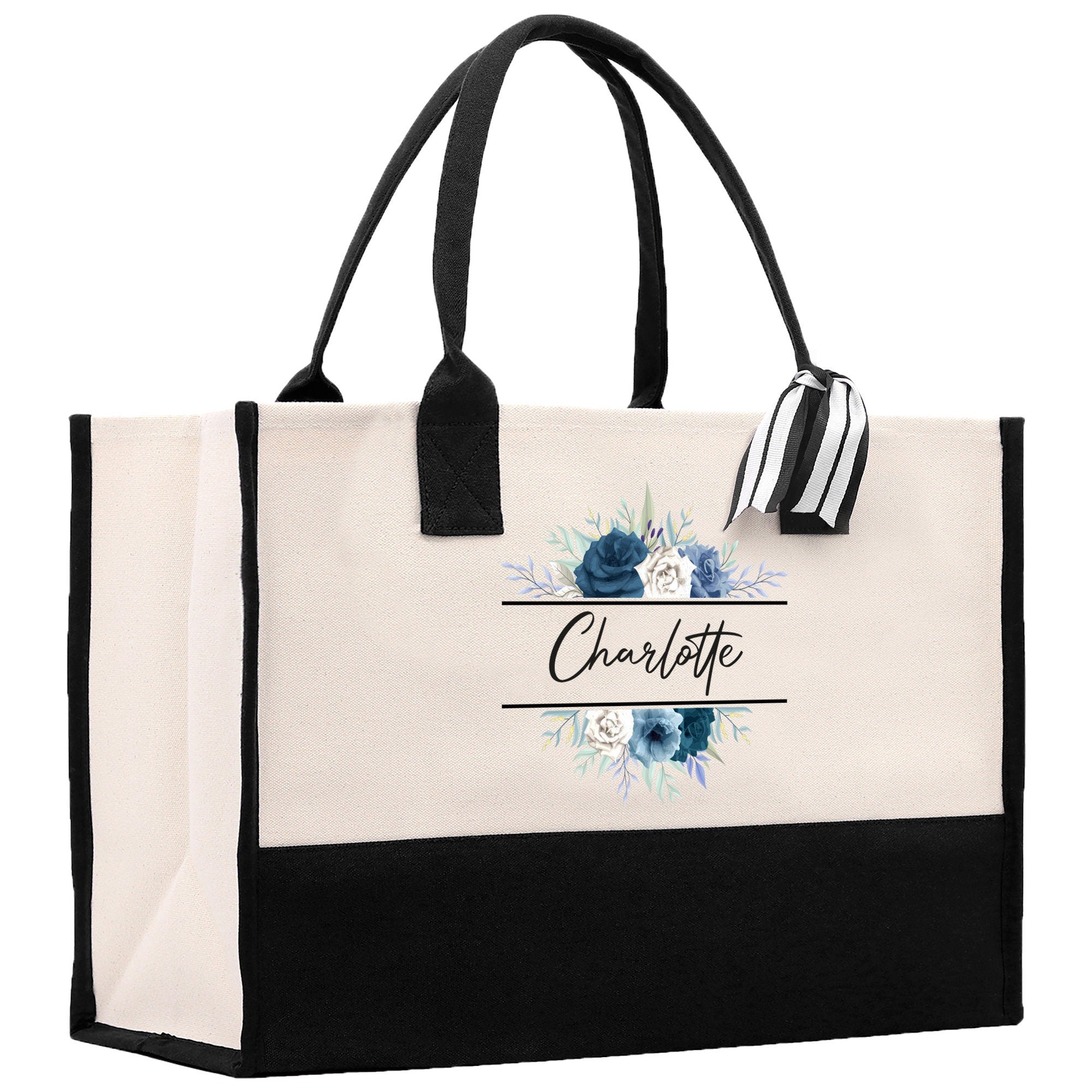 Floral Frame Custom Name Cotton Canvas Tote Bag Personalized Bridesmaid Gift Bag Wedding Birthday Gift Custom Name Tote Maid of Honor Gift - Aaria Tees Aaria Tees