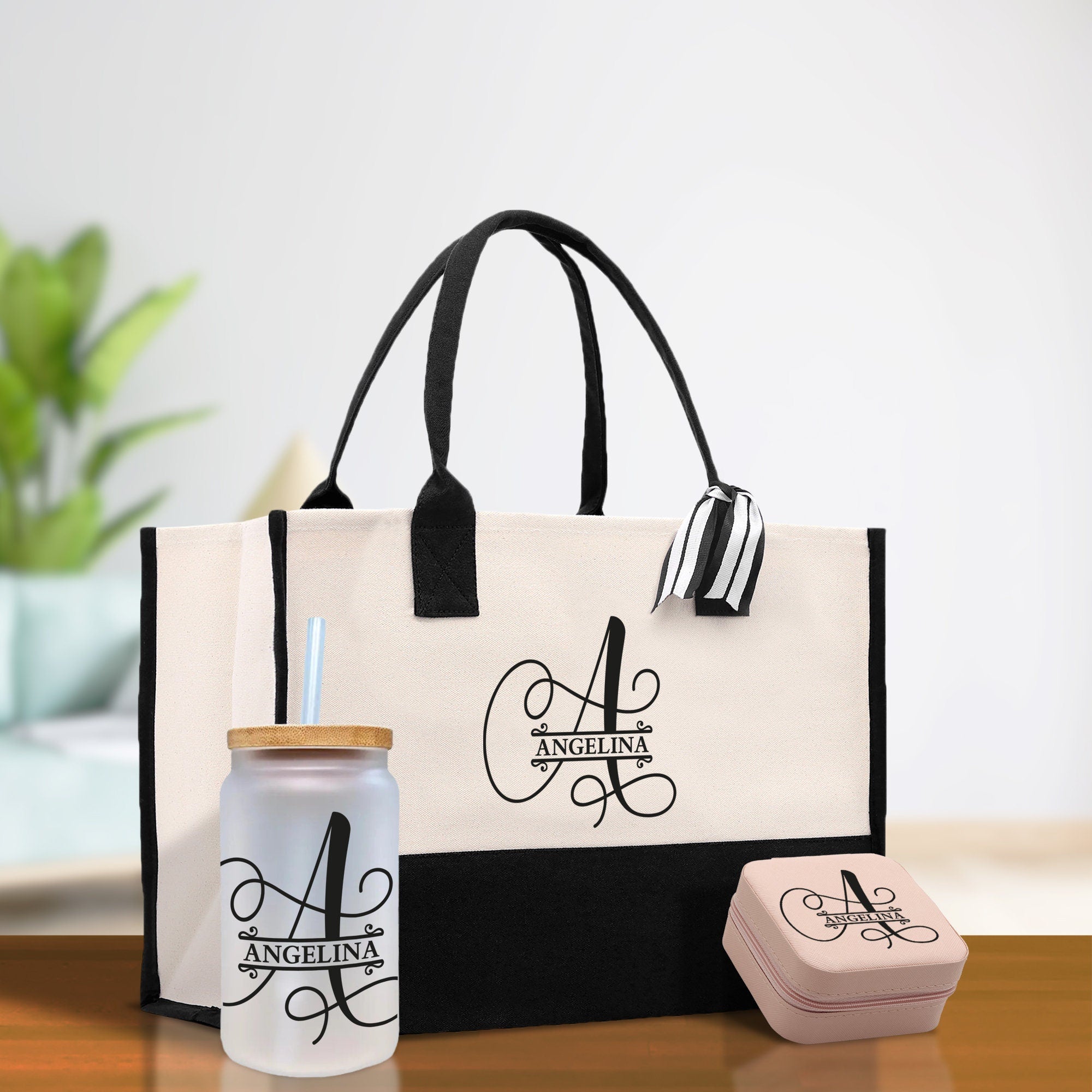 Split Initial and Name Custom Cotton Canvas Tote Bag Personalized Initial Tote Birthday Gift Wedding Gift Jewelry Box Frosted Can Glass Set - Aaria Tees Aaria Tees