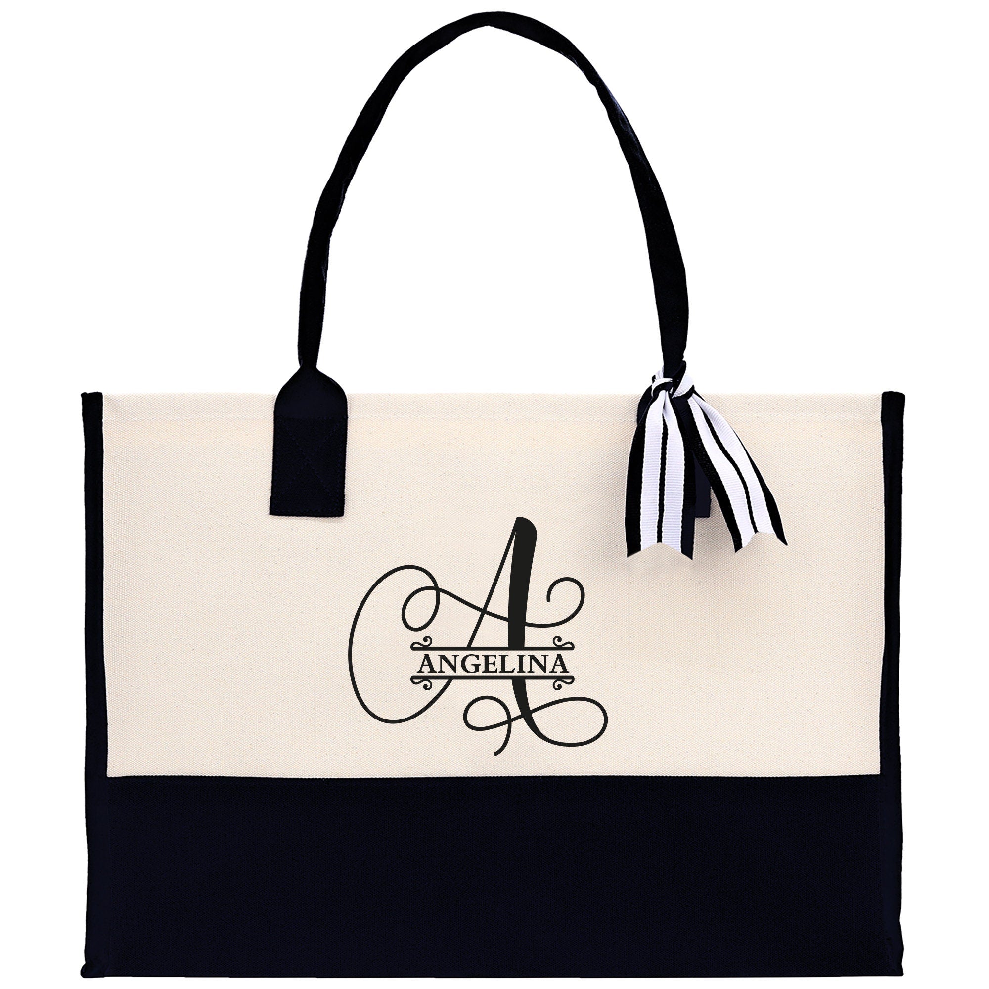 Split Initial and Name Custom Cotton Canvas Tote Bag Personalized Initial Tote Birthday Gift Wedding Gift Jewelry Box Frosted Can Glass Set - Aaria Tees Aaria Tees