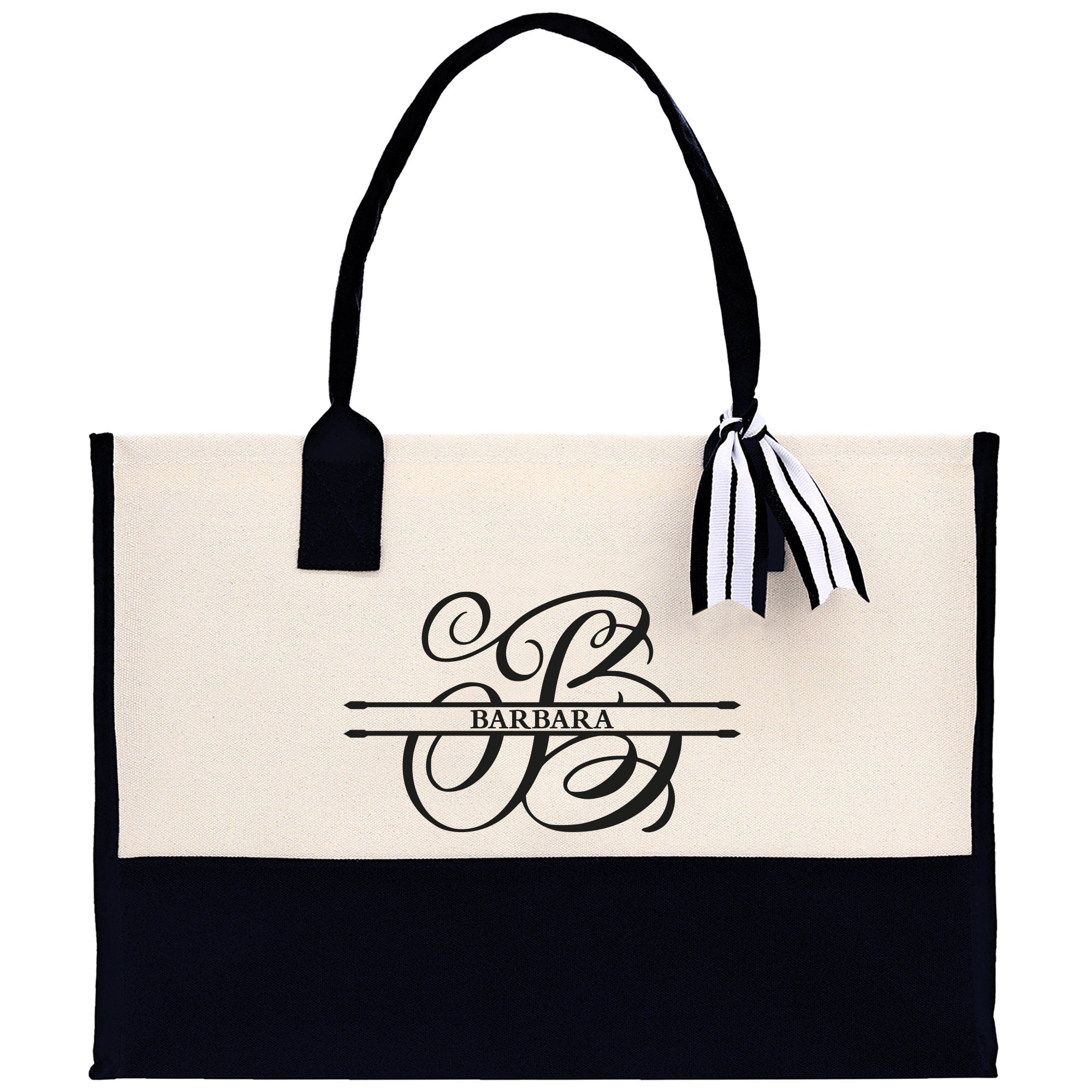Split Initial and Name Custom Cotton Canvas Tote Bag Personalized Initial Tote Birthday Gift Wedding Gift Jewelry Box Frosted Can Glass Set - Aaria Tees Aaria Tees