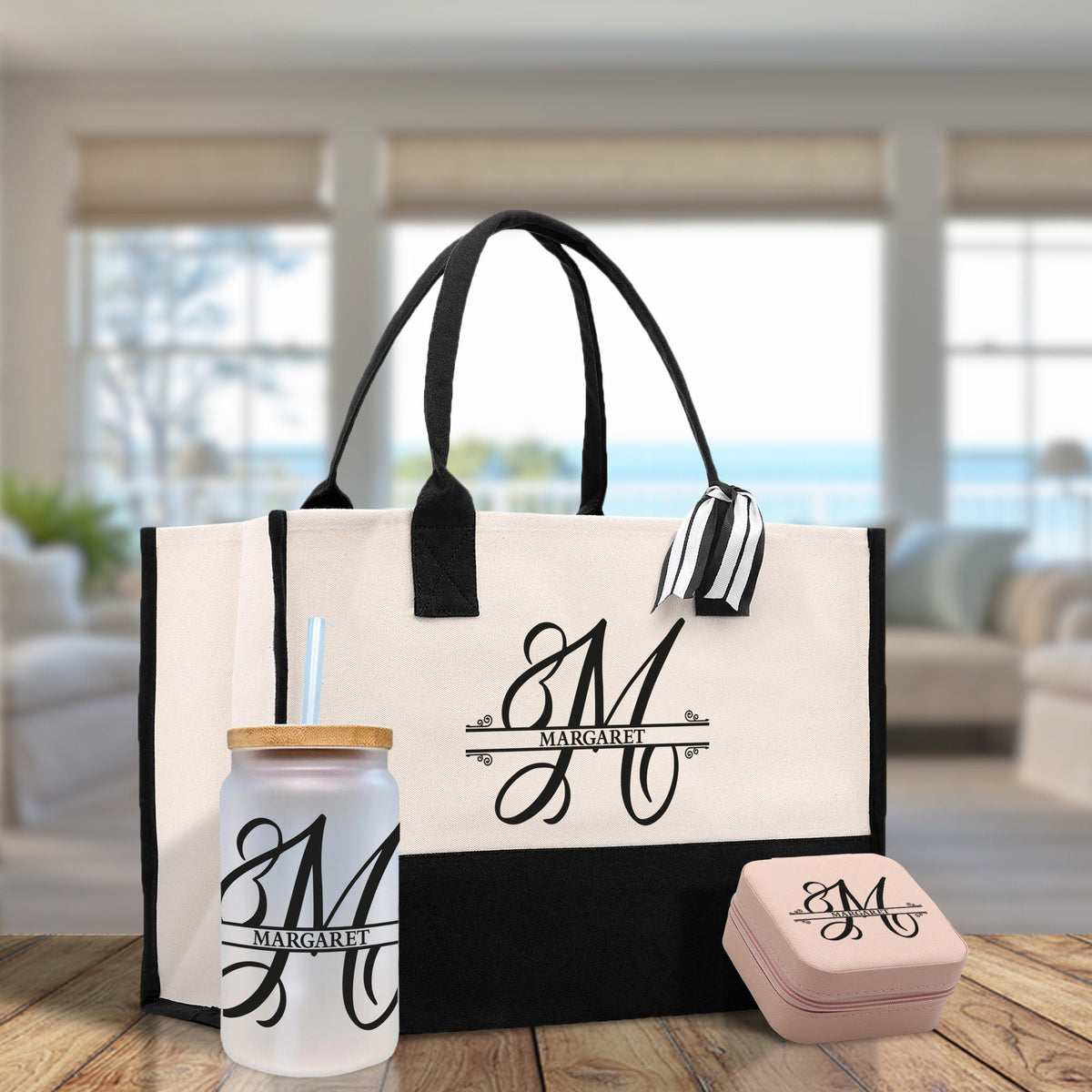 Split Initial and Name Custom Cotton Canvas Tote Bag Personalized Initial Tote Birthday Gift Wedding Gift Jewelry Box Frosted Can Glass Set - Aaria Tees