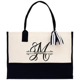 Split Initial and Name Custom Cotton Canvas Tote Bag Personalized Initial Tote Birthday Gift Wedding Gift Jewelry Box Frosted Can Glass Set - Aaria Tees Aaria Tees