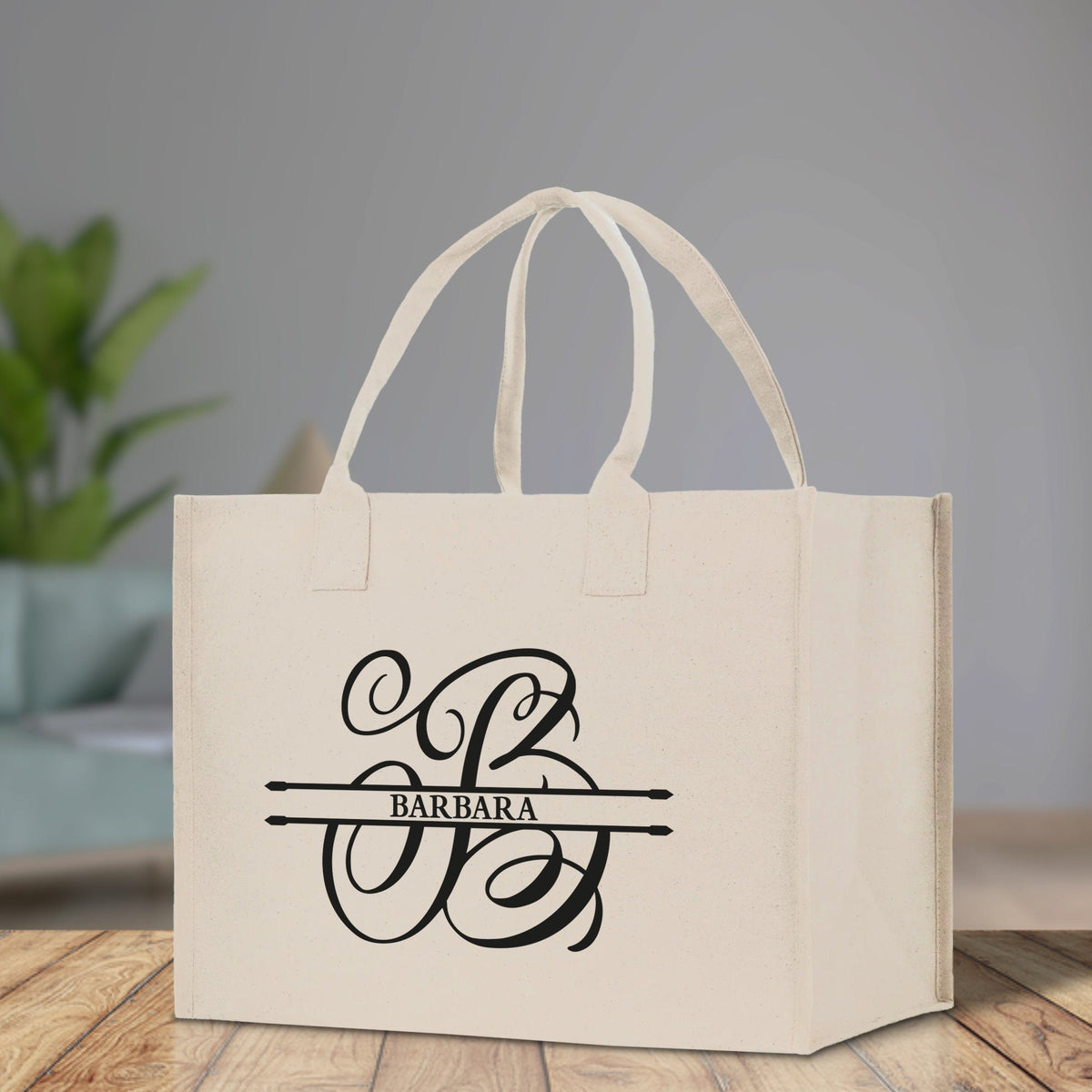 Split Initial and Name Custom Cotton Canvas Tote Bag Personalized Initial Tote Birthday Gift Wedding Gift Jewelry Box Frosted Can Glass Set - Aaria Tees