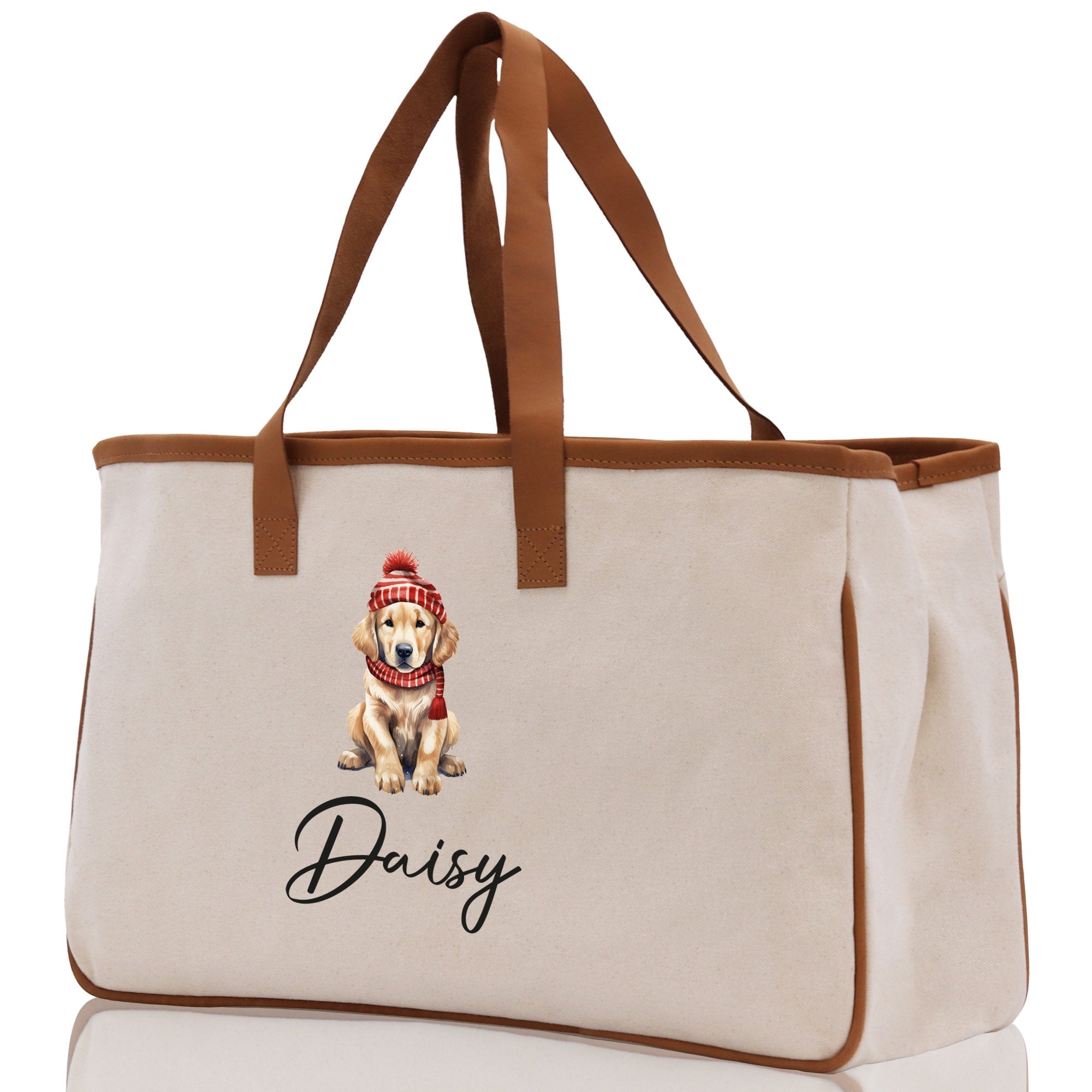 Baby Golden Retriever Custom Name Dog Cotton Canvas Tote Bag Custom Pet Lover Gift Pet Portrait Bag Personalized Pet Owner Gift Tote Bag - Aaria Tees Aaria Tees