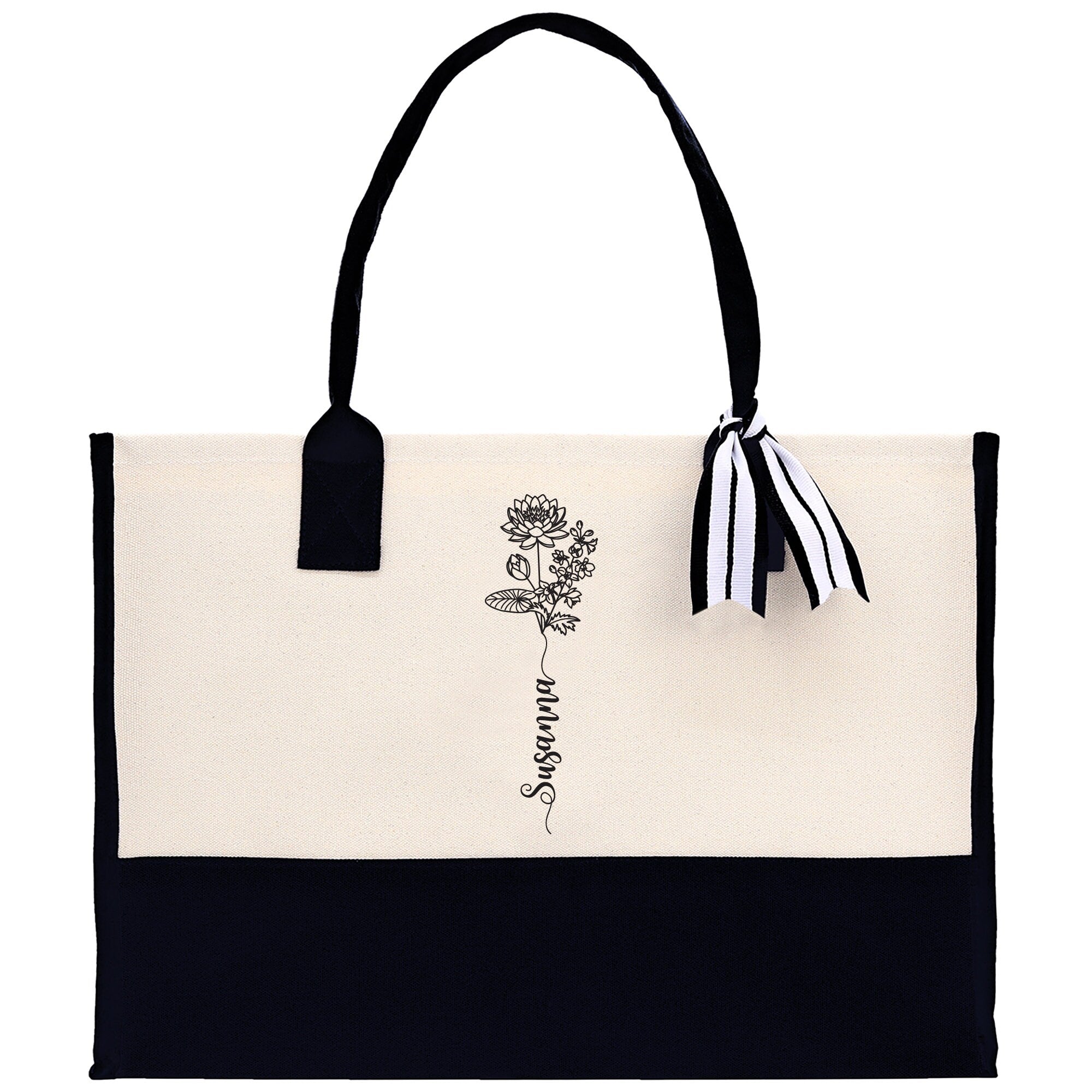Personalized Kids and Grandkids Name Cotton Canvas Tote Bag Custom Flower Tote Bag Gift for Mom Gift for Grandma Birth Month Grandkids Name - Aaria Tees Aaria Tees