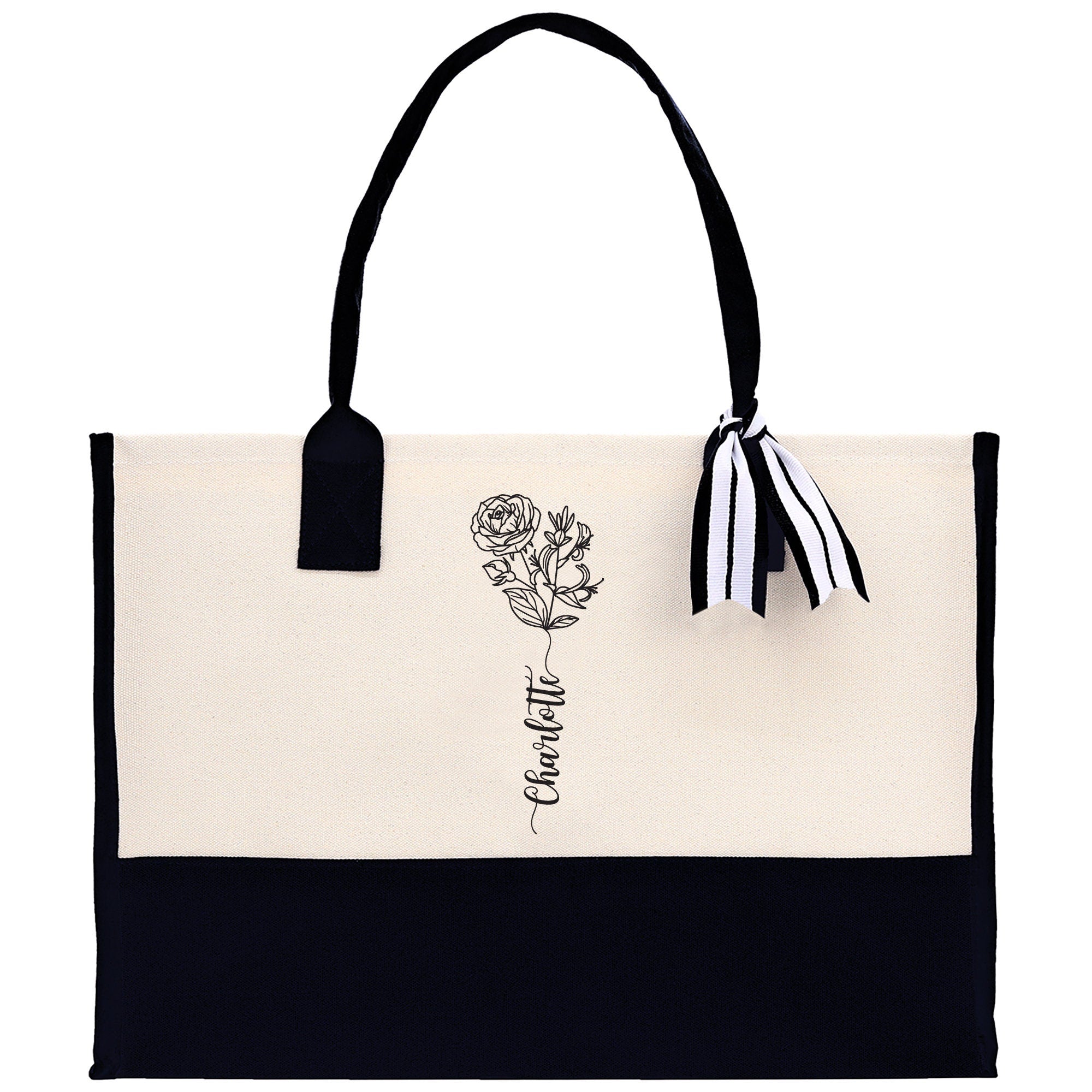 Personalized Kids and Grandkids Name Cotton Canvas Tote Bag Custom Flower Tote Bag Gift for Mom Gift for Grandma Birth Month Grandkids Name - Aaria Tees Aaria Tees