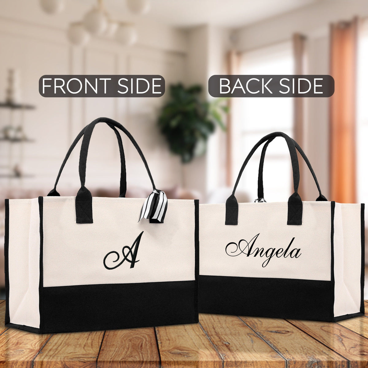 Monogram and Personalized Name Cotton Canvas Tote Bag Initial Tote Bag Letter Tote Bag Birthday Gift Bag Beach Bag Custom Monogrammed Bag - Aaria Tees