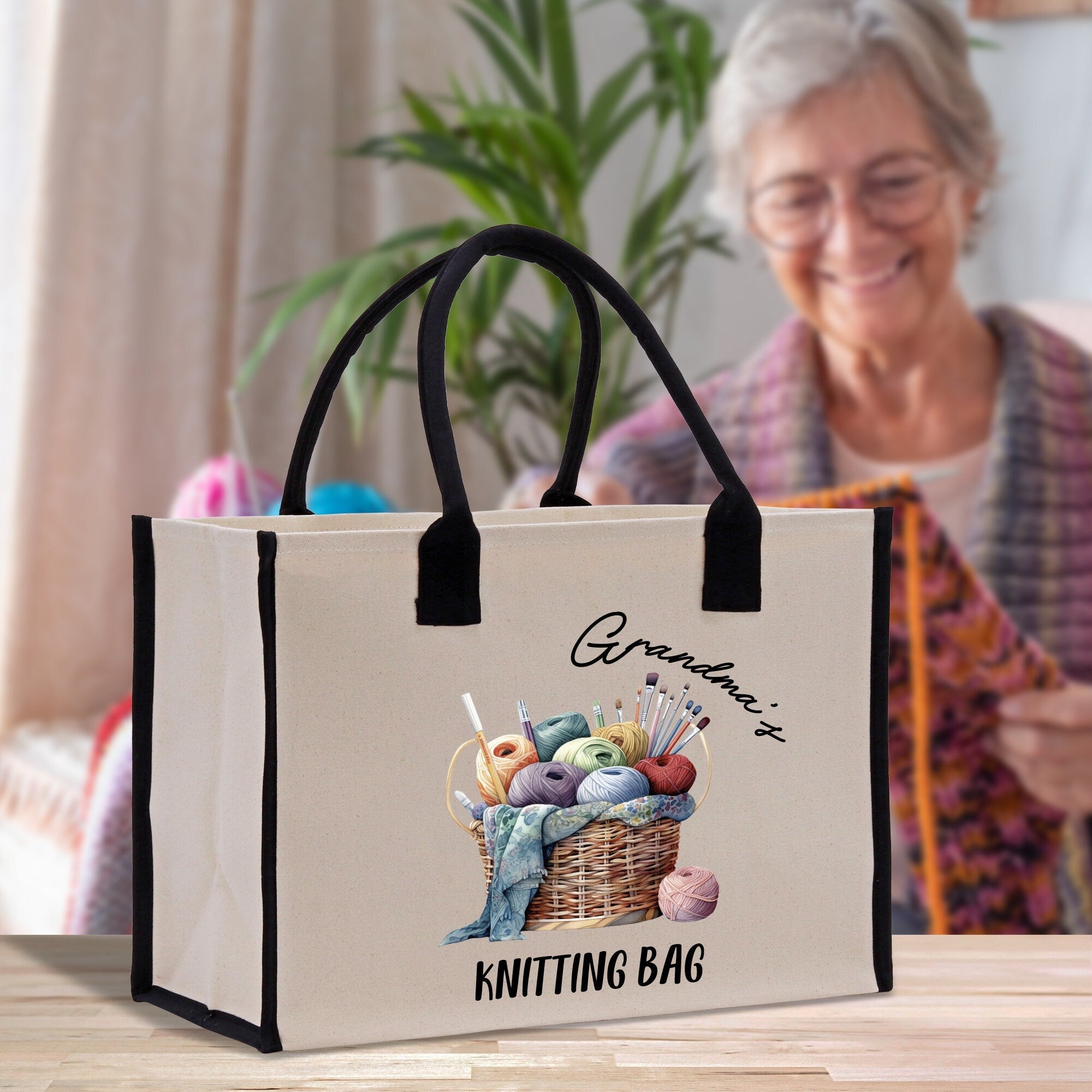 Personalized Knitting Cotton Canvas Tote Bag Custom Grandma Kitting Bag Yarn Custom Crochet Bag Mother's Day Gift Knitting Gift - Aaria Tees Aaria Tees