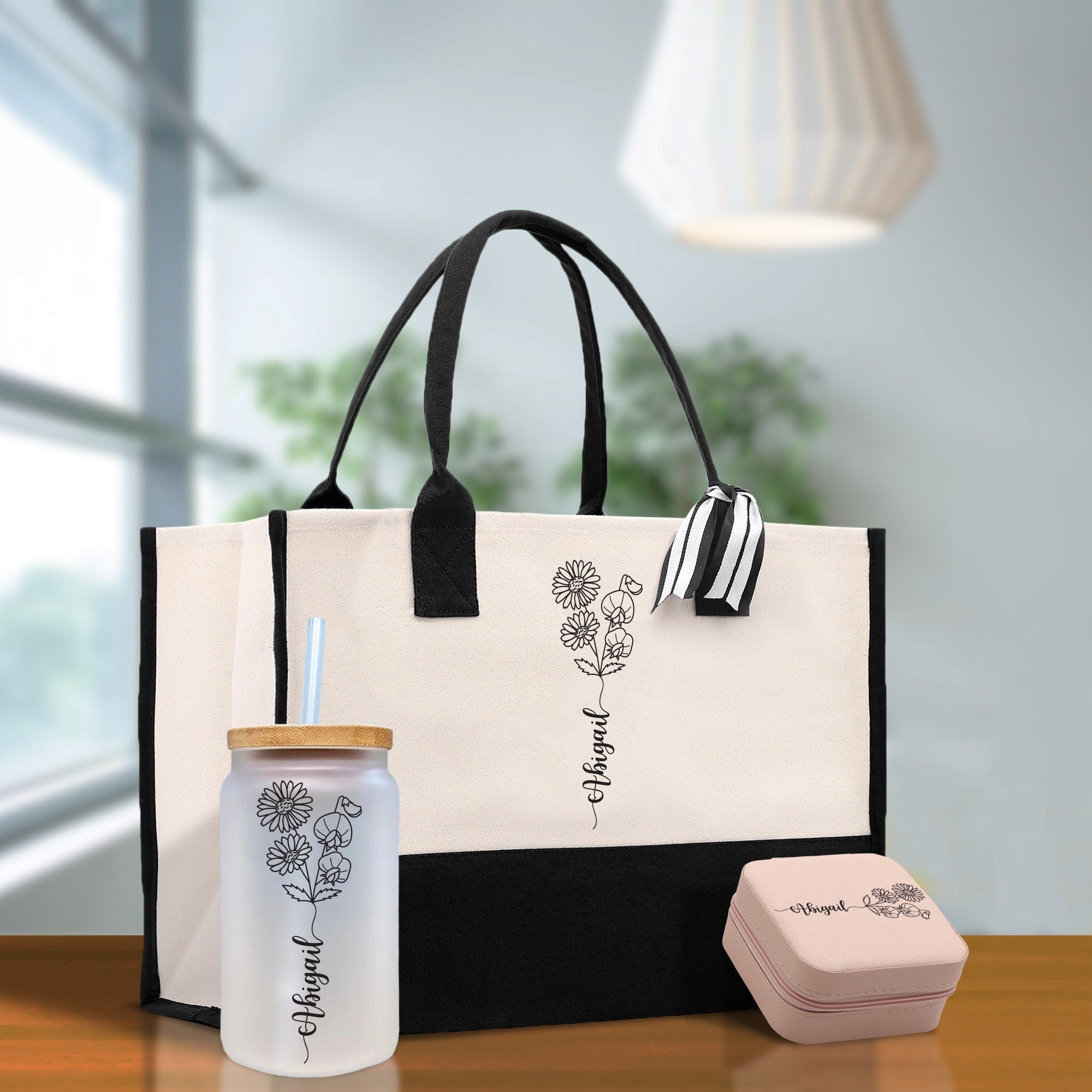 Personalized Kids and Grandkids Name Cotton Canvas Tote Bag Custom Flower Tote Bag Gift for Mom Gift for Grandma Birth Month Grandkids Name - Aaria Tees Aaria Tees