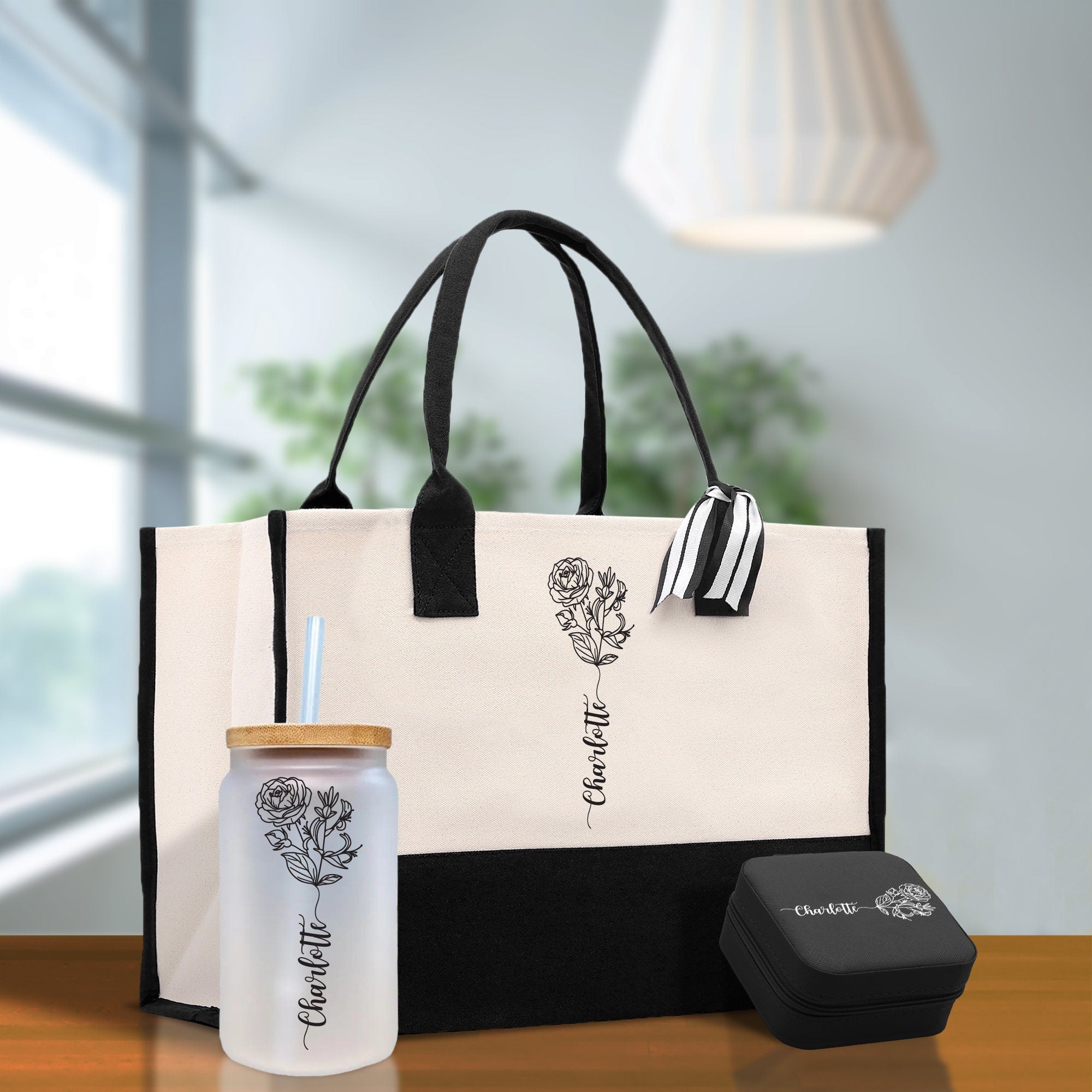 Personalized Kids and Grandkids Name Cotton Canvas Tote Bag Custom Flower Tote Bag Gift for Mom Gift for Grandma Birth Month Grandkids Name - Aaria Tees Aaria Tees