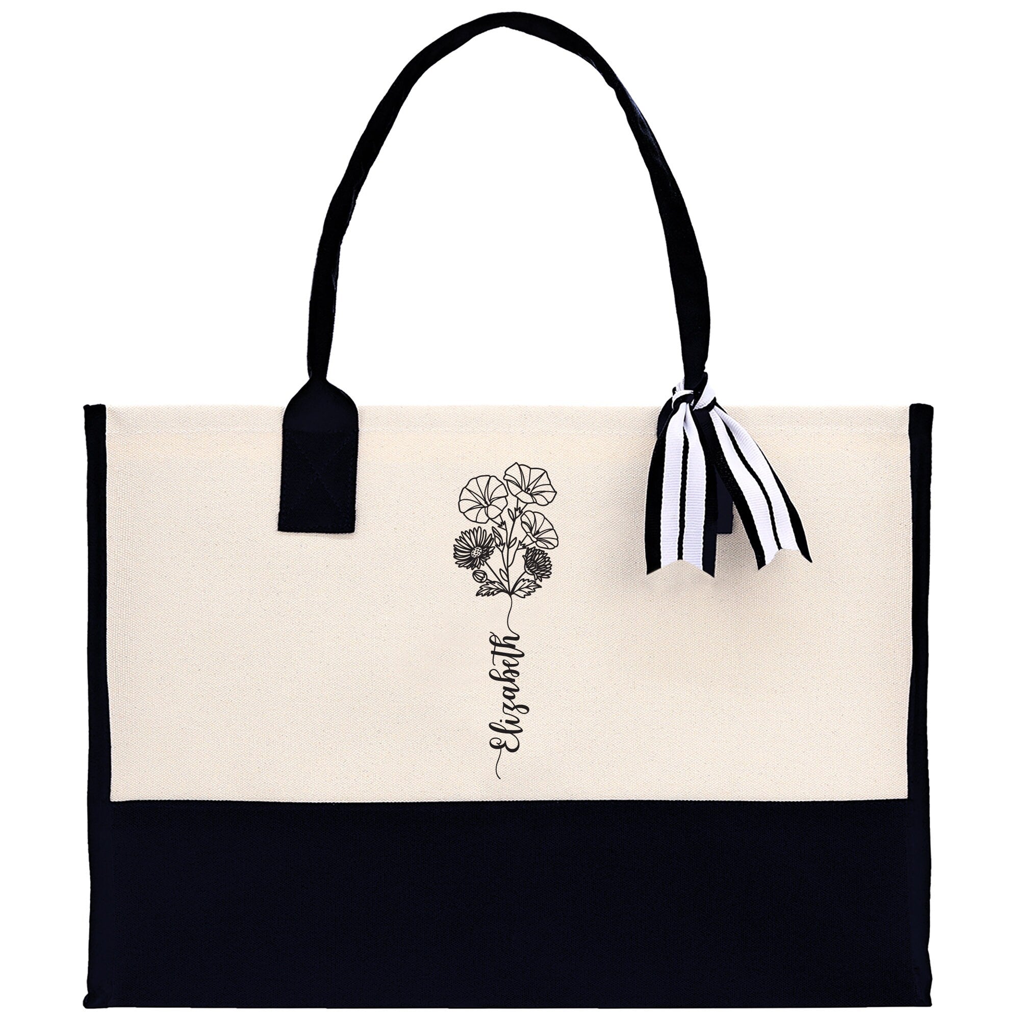 Personalized Kids and Grandkids Name Cotton Canvas Tote Bag Custom Flower Tote Bag Gift for Mom Gift for Grandma Birth Month Grandkids Name - Aaria Tees Aaria Tees