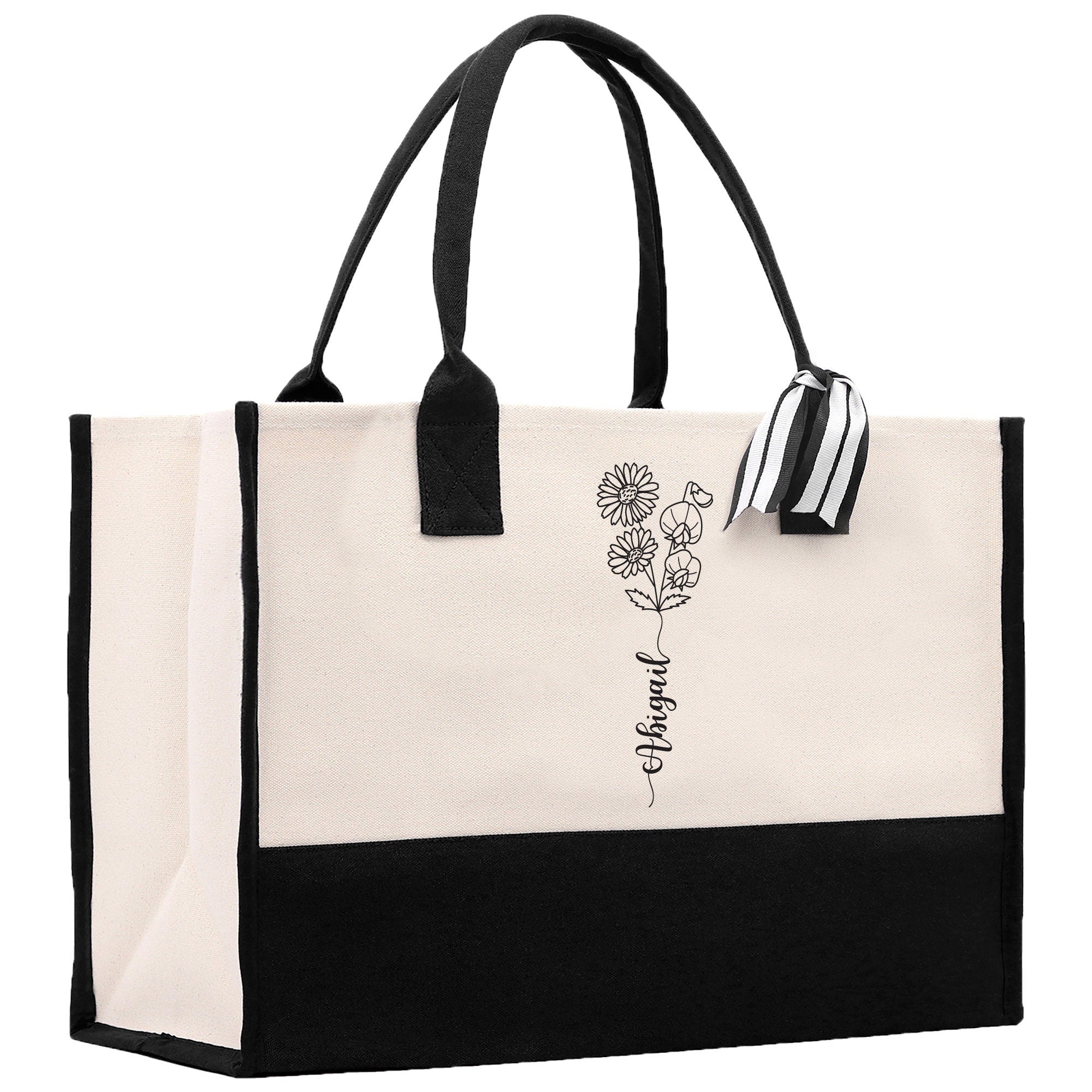 Personalized Kids and Grandkids Name Cotton Canvas Tote Bag Custom Flower Tote Bag Gift for Mom Gift for Grandma Birth Month Grandkids Name - Aaria Tees Aaria Tees