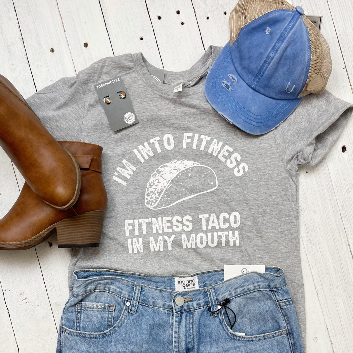 I'm Into Fitness Taco Crew Neck Gray Short Sleeve Graphic Tee - Aaria Tees