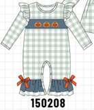 Sage Turkey Embroidery Gingham Ruffle Romper Aaria Tees