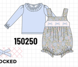 Blue Floral Bow Smocked 2pc Bubble Set Aaria Tees