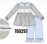 Blue Floral Bow Smocked Ruffle Pants Set Aaria Tees