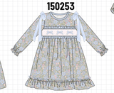 Blue Floral Bow Smocked Ruffle Dress Aaria Tees
