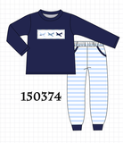 Navy Airplane Embroidery Pants Set Aaria Tees