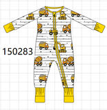 Yellow Construction Trucks Zip Bamboo Romper Aaria Tees