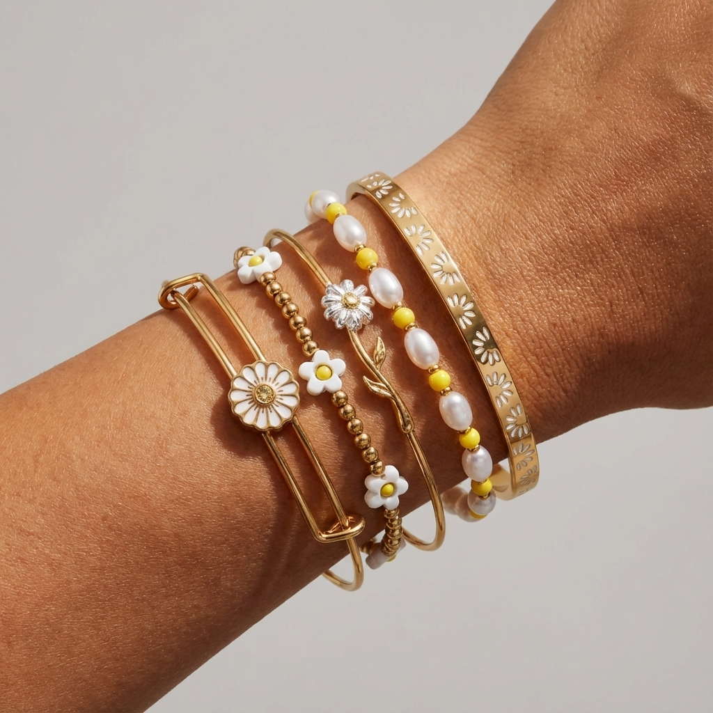 Daisy Flower Beaded Bangle Set of 5 - Aaria Tees Aaria Tees