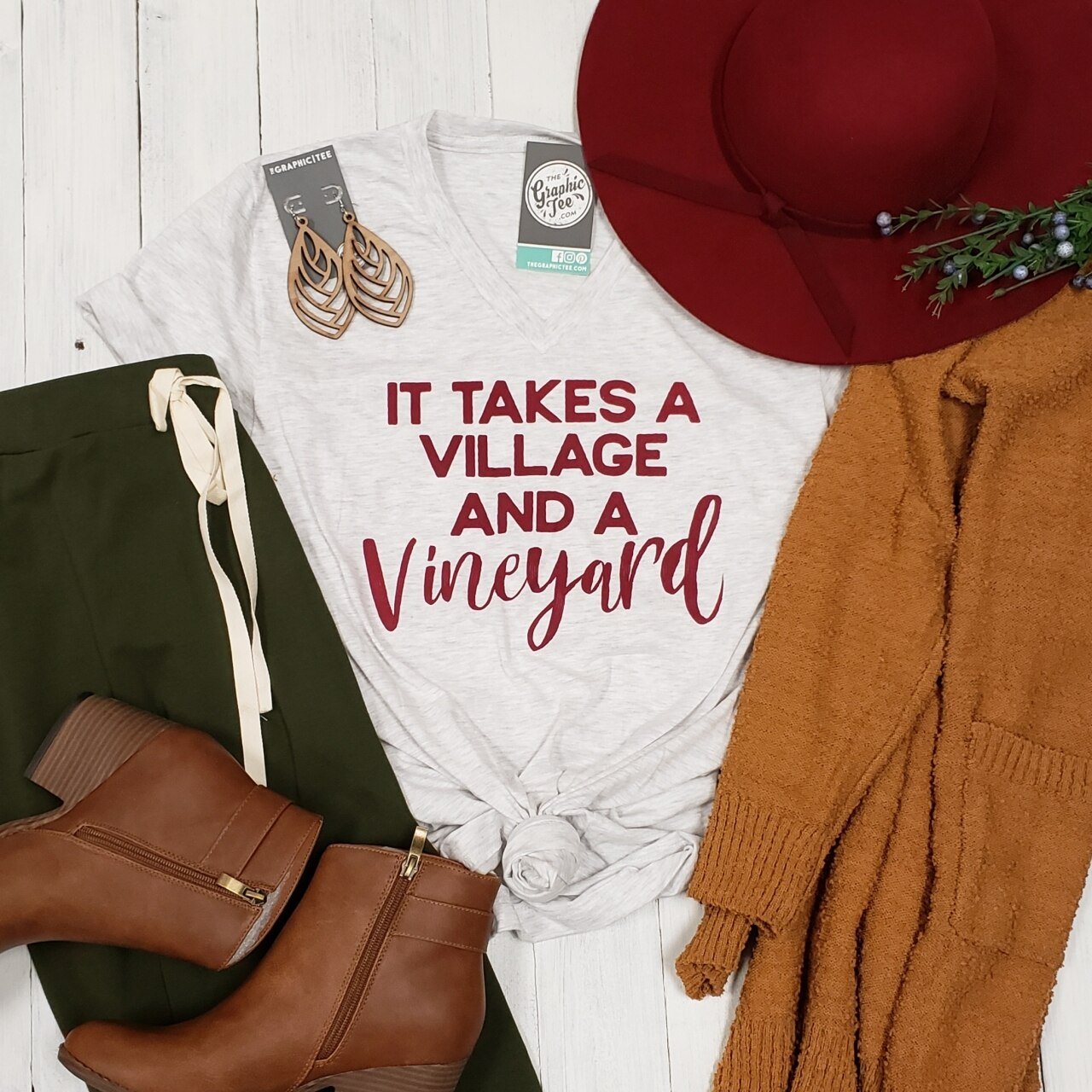 It Takes a Village and a Vineyard Unisex V-Neck Tee - Aaria Tees Aaria Tees