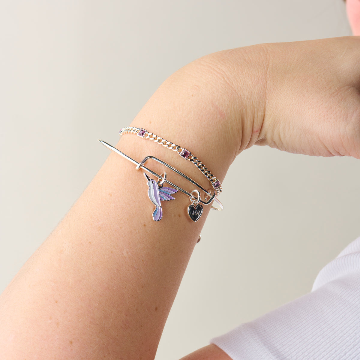 'Joy' Hummingbird Duo Charm Bangle Bracelet - Aaria Tees Aaria Tees