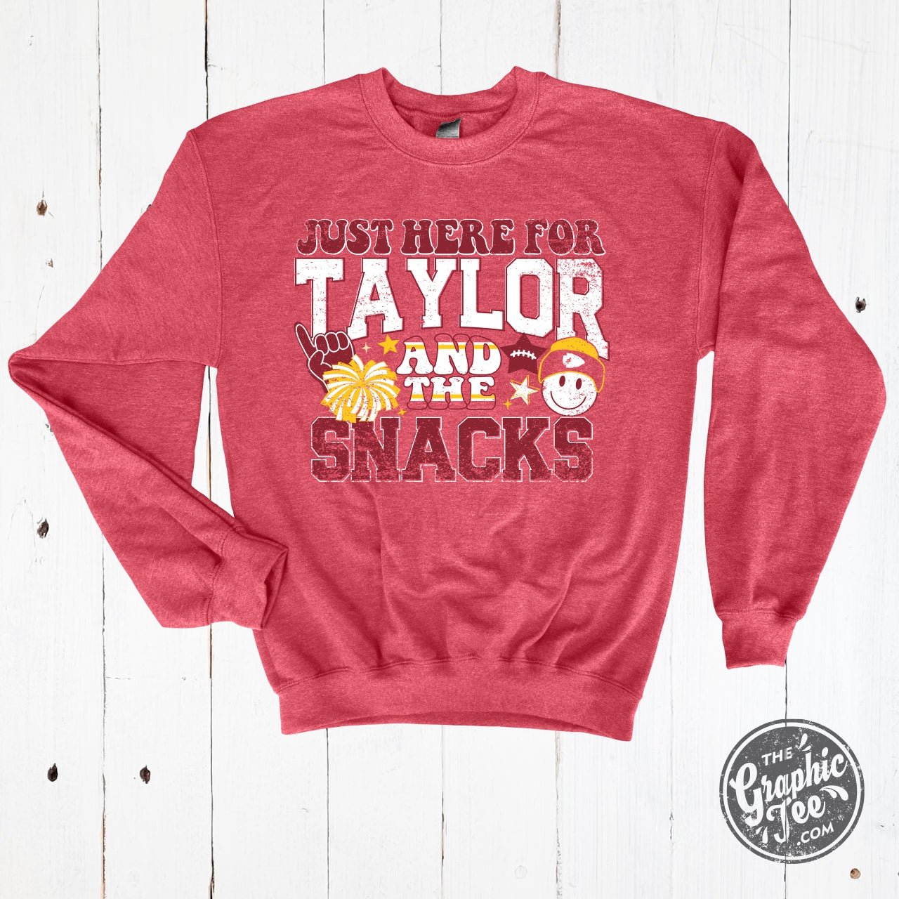 Just Here For Taylor And The Snacks Heather Sport Scarlet Crewneck Sweatshirt - Aaria Tees Aaria Tees