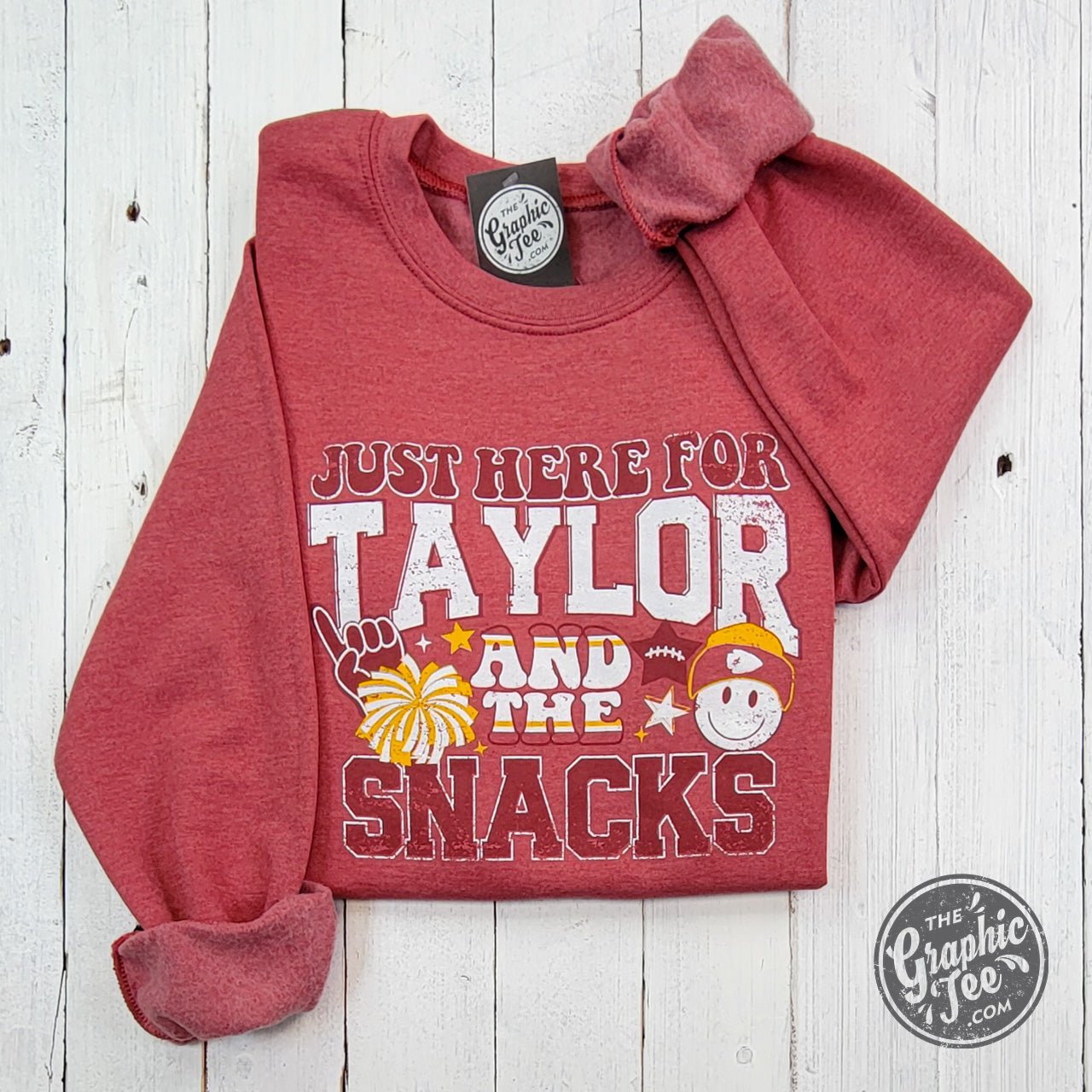 Just Here For Taylor And The Snacks Heather Sport Scarlet Crewneck Sweatshirt - Aaria Tees Aaria Tees