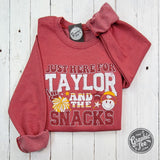 Just Here For Taylor And The Snacks Heather Sport Scarlet Crewneck Sweatshirt - Aaria Tees Aaria Tees