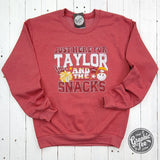Just Here For Taylor And The Snacks Heather Sport Scarlet Crewneck Sweatshirt - Aaria Tees Aaria Tees