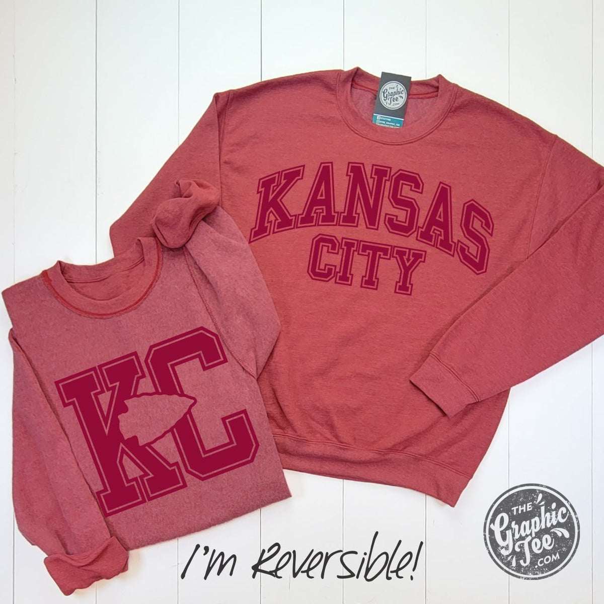 Kansas City Arrowhead Reversible Heather Scarlet Crewneck Sweatshirt - Aaria Tees