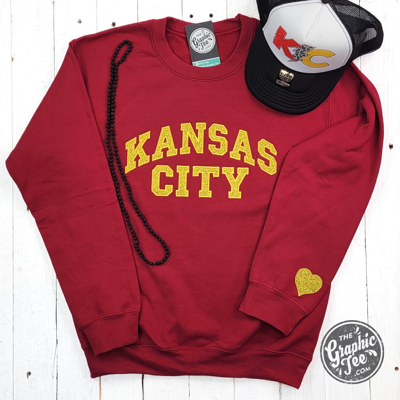 Kansas City Gold Glitter Applique Dark Red Crewneck Sweatshirt - Aaria Tees Aaria Tees