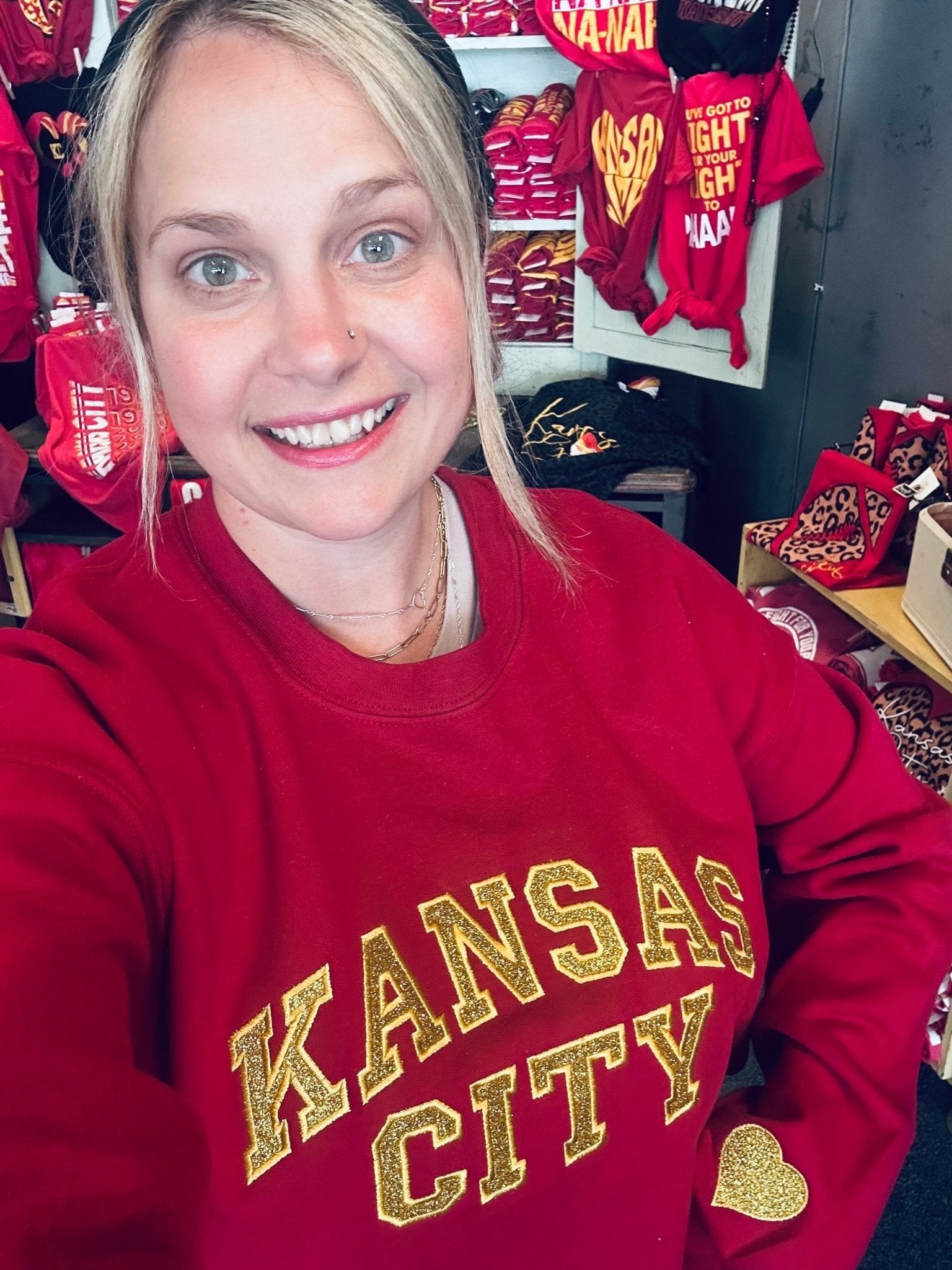 Kansas City Gold Glitter Applique Dark Red Crewneck Sweatshirt - Aaria Tees Aaria Tees