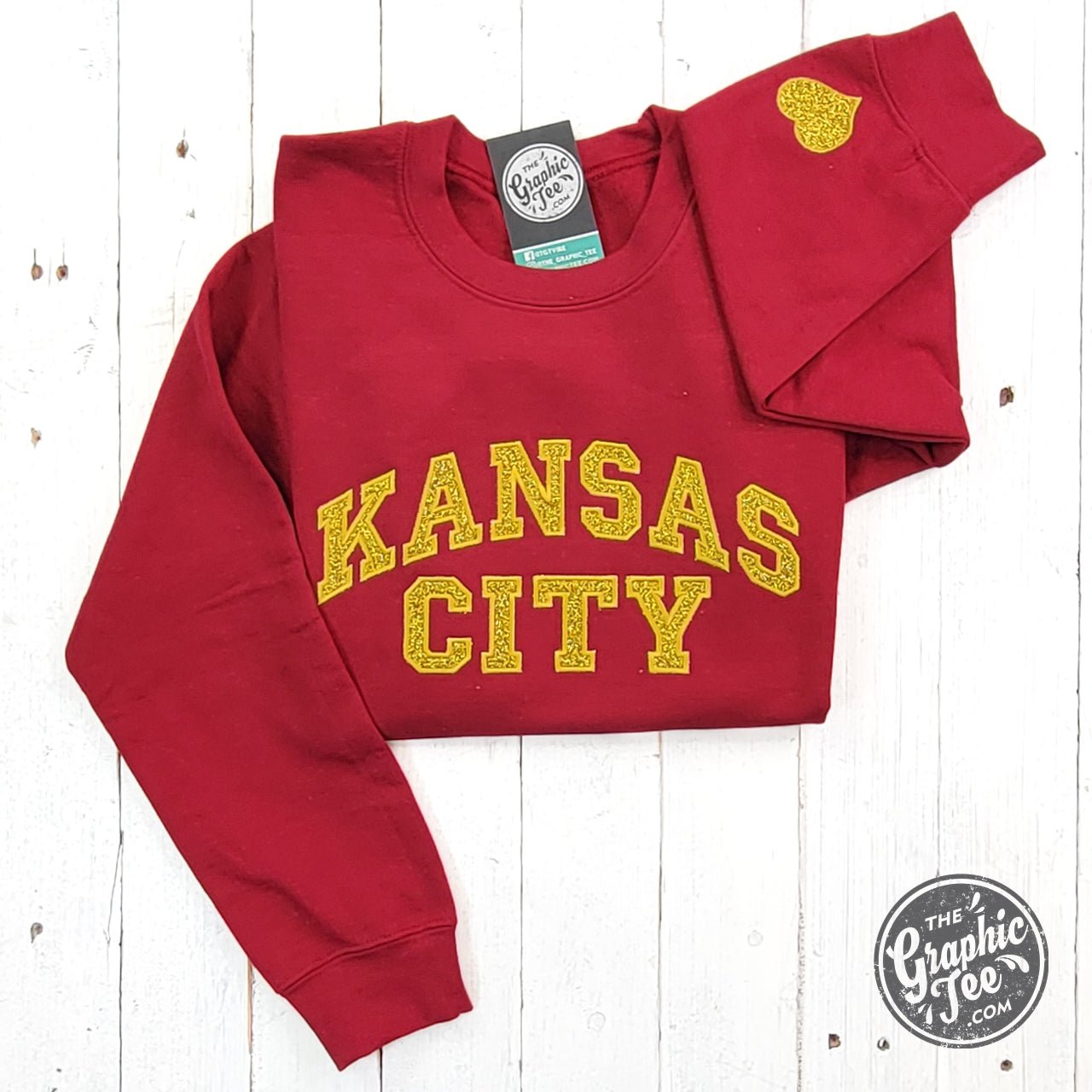 Kansas City Gold Glitter Applique Dark Red Crewneck Sweatshirt - Aaria Tees Aaria Tees