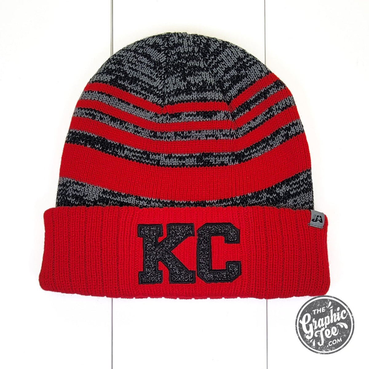 Kansas City KC Glitter Patch Red and Grey Stripe Cuffed Beanie - Aaria Tees