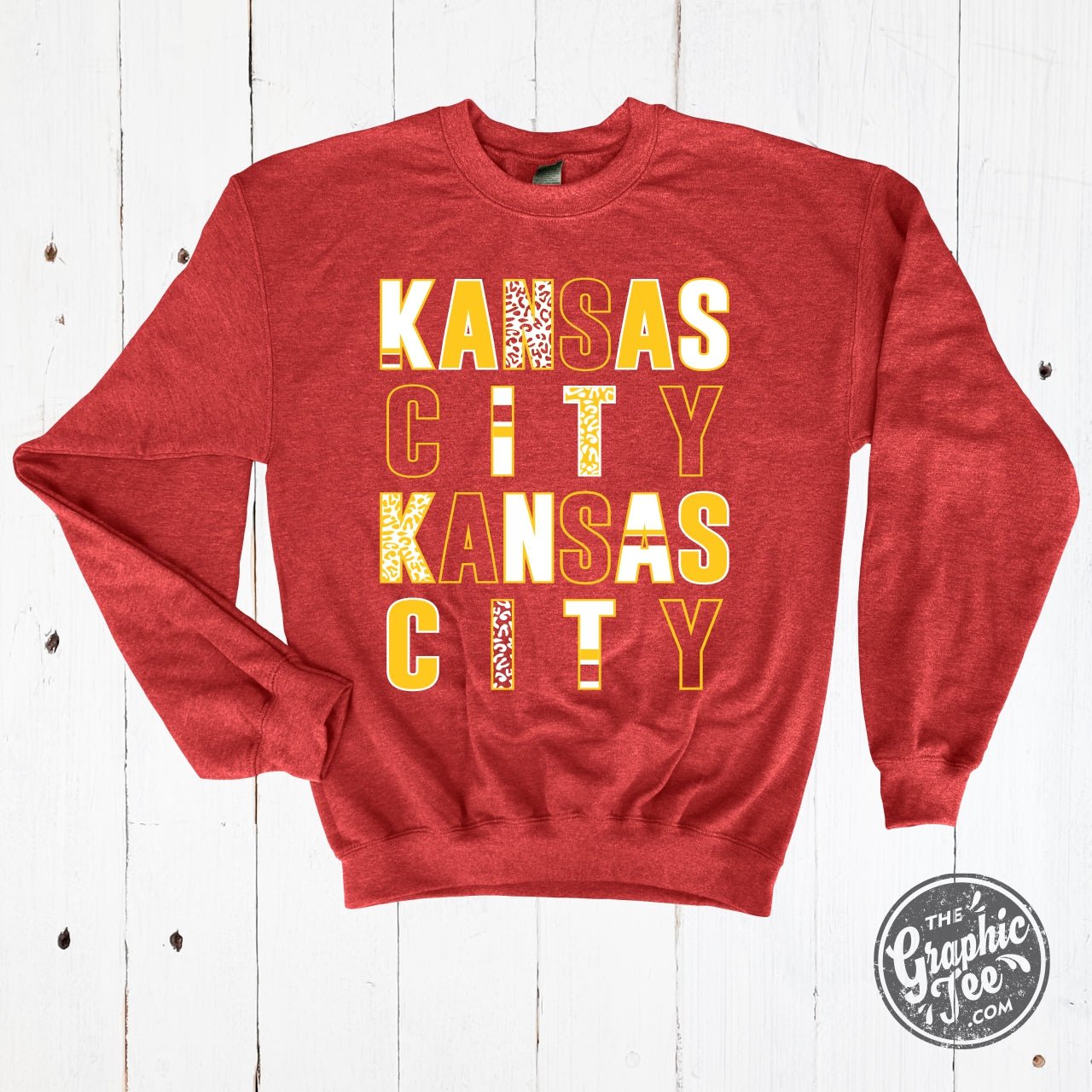 Kansas City Multi Pattern Letters Heather Sport Scarlet Crewneck Sweatshirt - Aaria Tees Aaria Tees