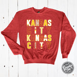 Kansas City Multi Pattern Letters Heather Sport Scarlet Crewneck Sweatshirt - Aaria Tees Aaria Tees