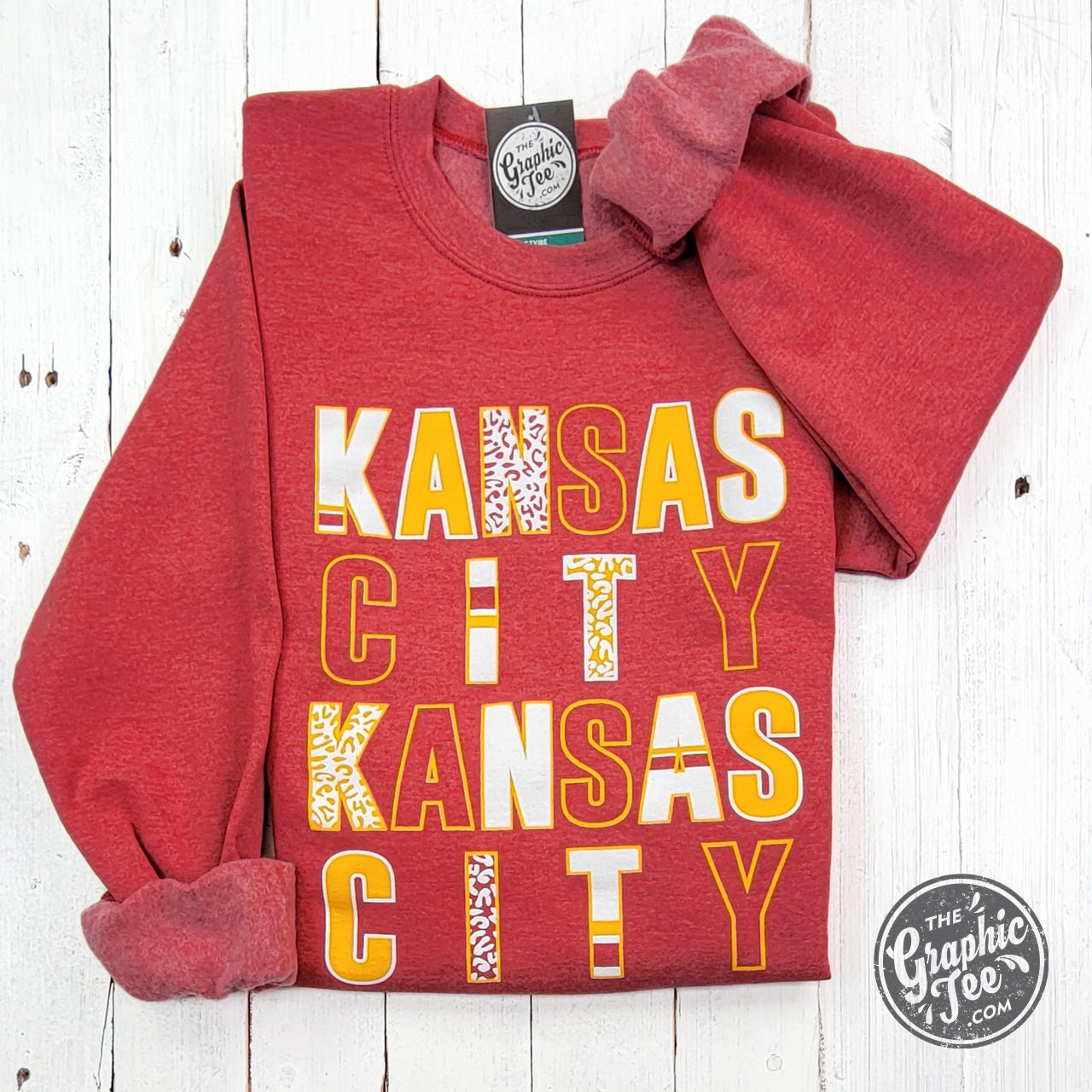 Kansas City Multi Pattern Letters Heather Sport Scarlet Crewneck Sweatshirt - Aaria Tees Aaria Tees