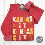 Kansas City Multi Pattern Letters Heather Sport Scarlet Crewneck Sweatshirt - Aaria Tees Aaria Tees