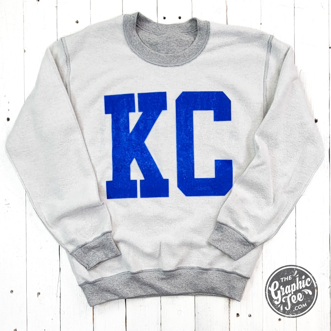 Kansas City Royal Blue Ink Reversible Sport Grey Crewneck Sweatshirt - Aaria Tees Aaria Tees