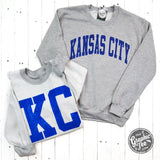 Kansas City Royal Blue Ink Reversible Sport Grey Crewneck Sweatshirt - Aaria Tees Aaria Tees