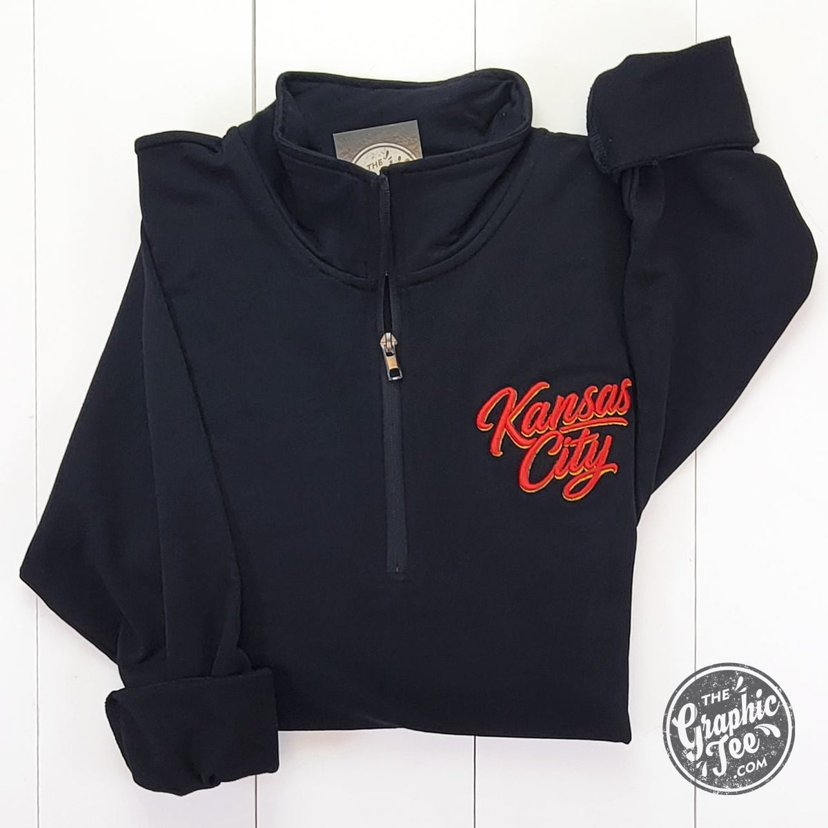 Kansas City Script 3D Embroidered Women’s Quarter-Zip Pullover - Aaria Tees