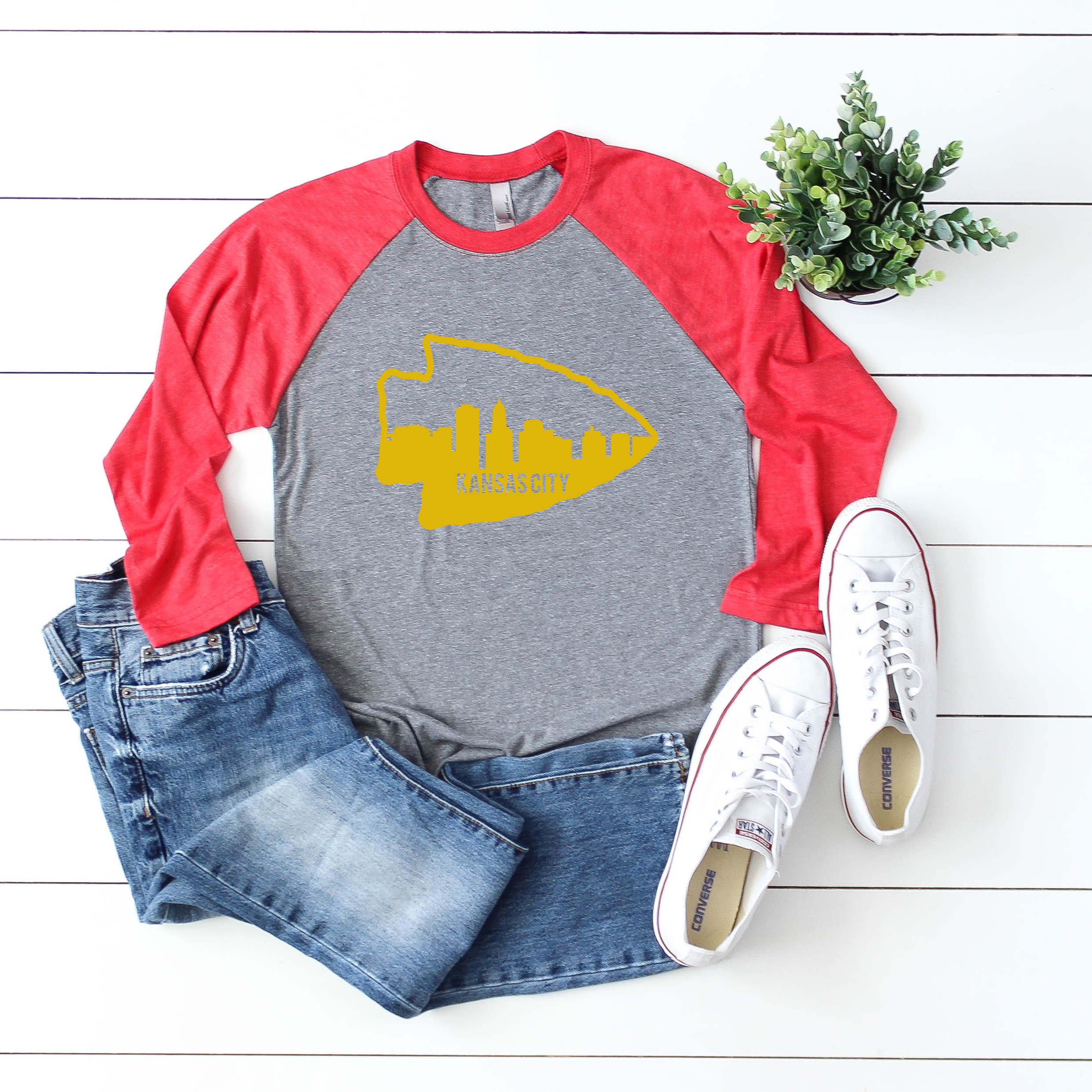 Kansas City Skyline Arrowhead Raglan Tee - Aaria Tees Aaria Tees