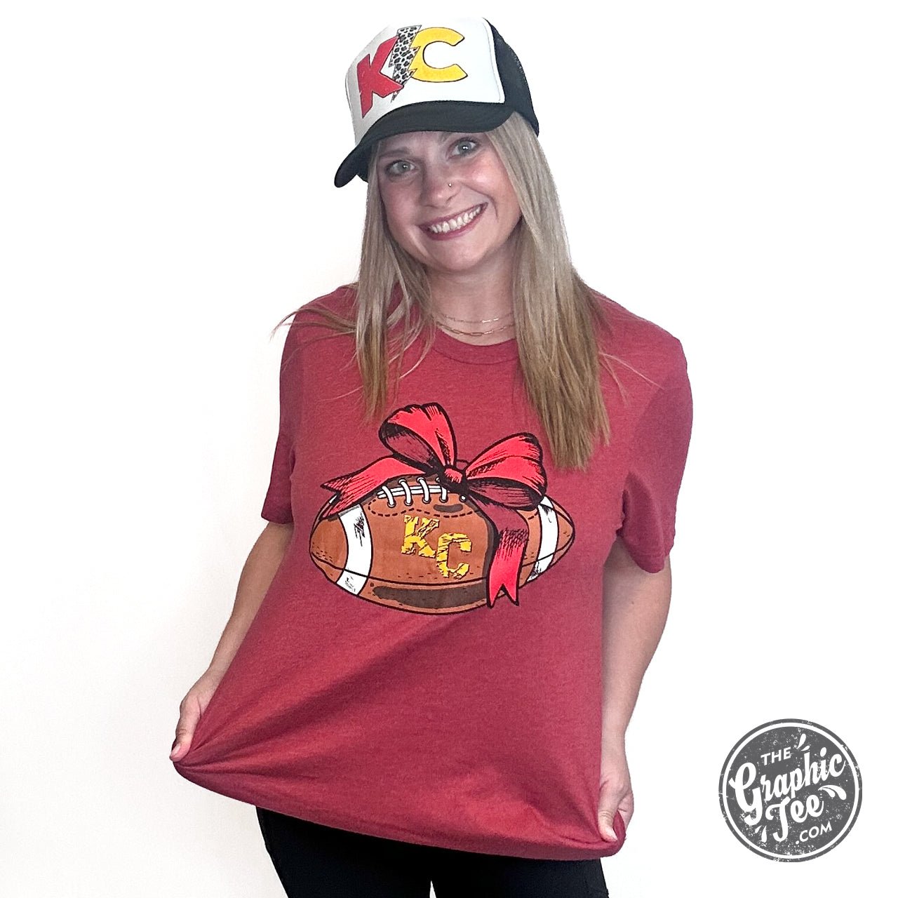 KC Football Bow Heather Cardinal Short Sleeve Crewneck Tee - Aaria Tees Aaria Tees