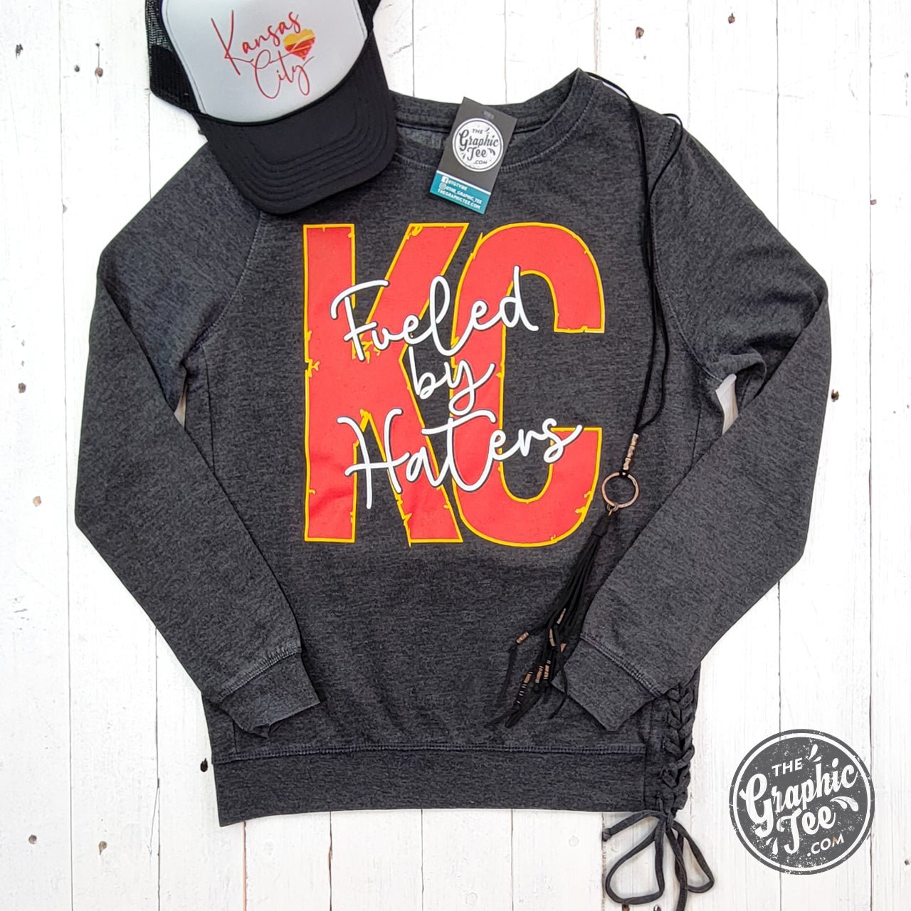 KC Fueled By Haters Mineral Washed Ladies Lace Up Sweatshirt - Aaria Tees Aaria Tees